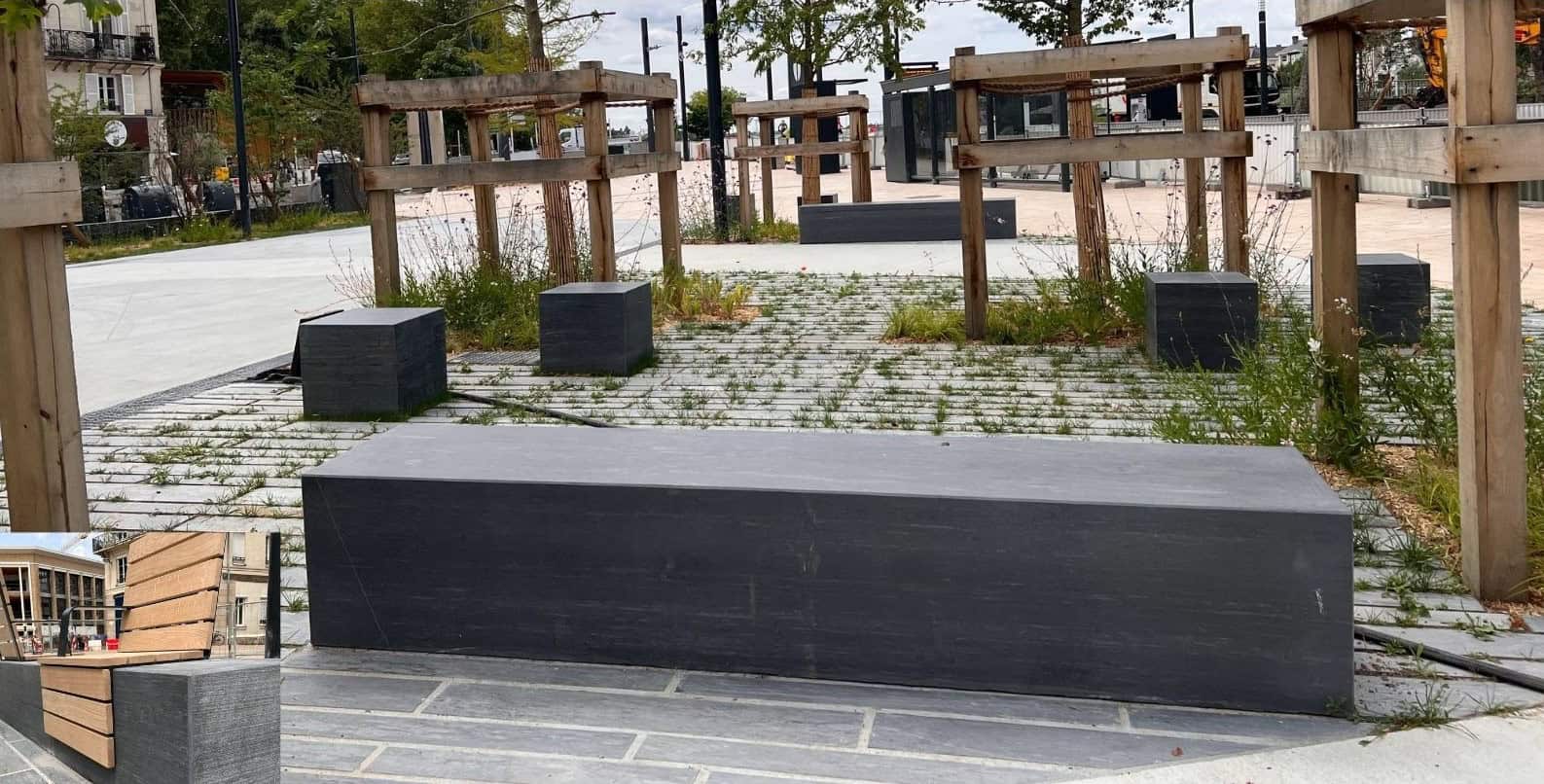 Bancs et sièges en schiste avec assises en bois pour aménagements urbains
