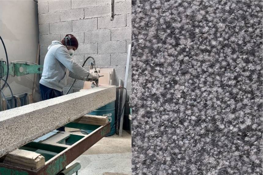 Ajout d'une finition bouchardée sur une pièce en granit