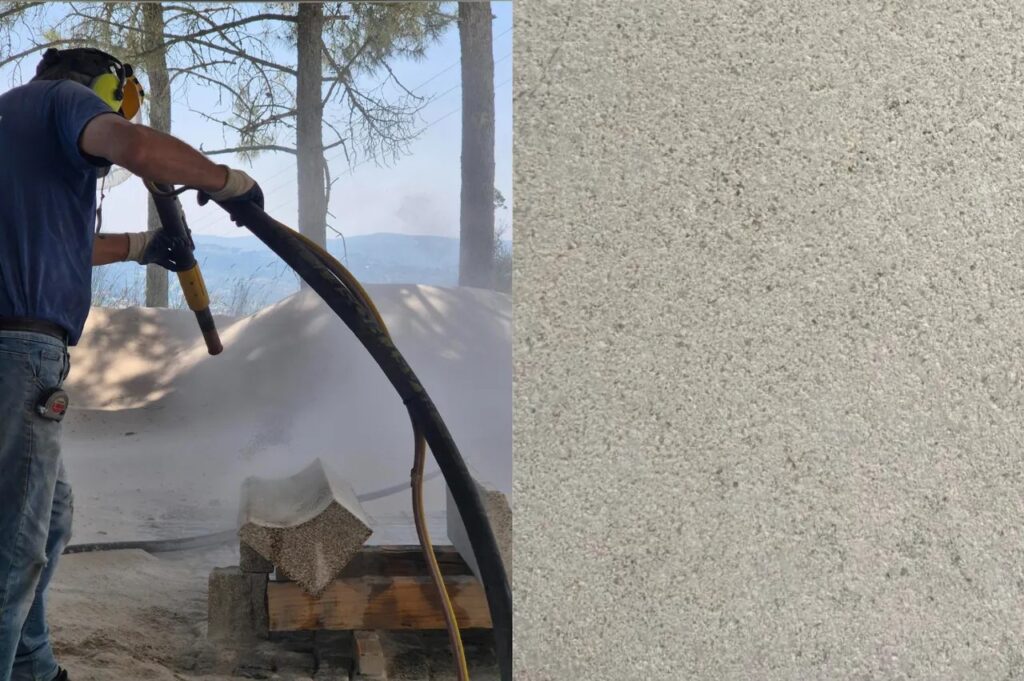 Personne dans une usine utilisant une sableuse sur une pierre et calcaire beige VB sablé