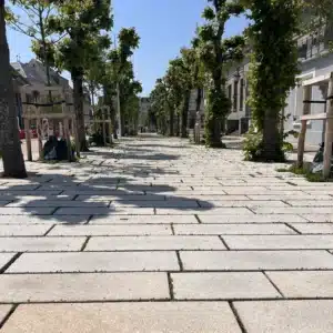 Dalles en granit gris beige Fève en finition grenaillé sur la Cours Jonville à Granville