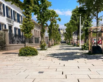 Dallage en granit gris beige Fève grenaillé sur la Cours Jonville à Granville