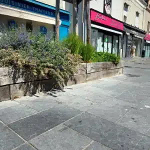 Photo de la place de la Madeleine en pierre bleue belge devant des commerçants
